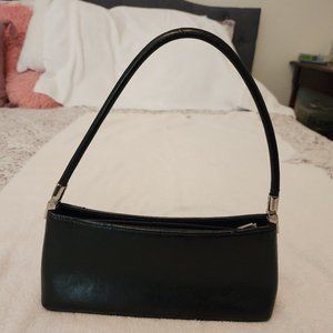 Elegant faux leather black shoulder purse with silver handle clasps & zipper